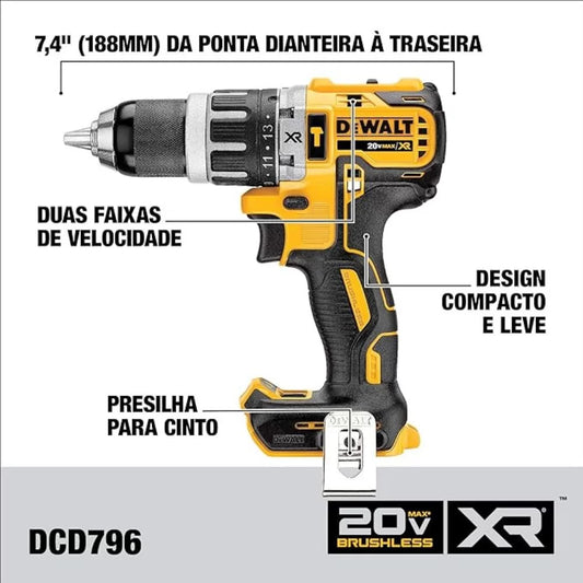 Parafusadeira Furadeira de Impacto Brushless 1/2 Pol. 20V com 2 Baterias Carregador e Maleta – DEWALT-DCD796D2